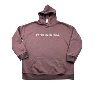 Faith Over Fear Hoodie Brown Women's Small Graphic‎ Sweatshirt Kangaroo Pocket